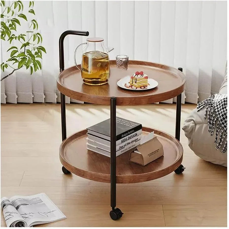 Masă Rotundă Cafea Nordică, 2 Rafturi, Roți Mobile, Design Modern Living