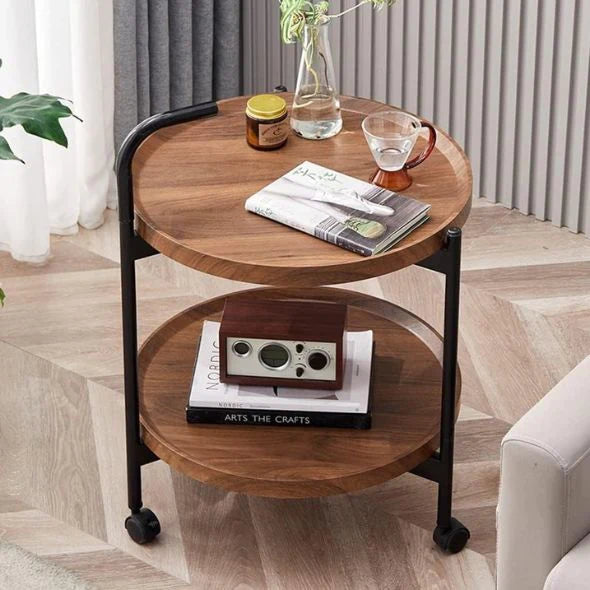Masă Rotundă Cafea Nordică, 2 Rafturi, Roți Mobile, Design Modern Living
