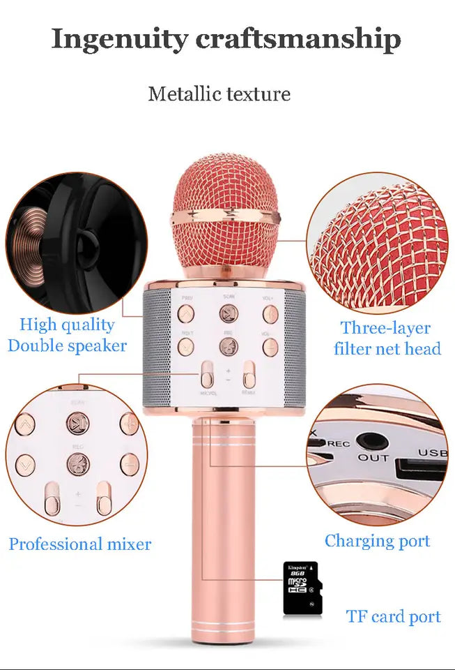 Microfon Karaoke Wireless Portabil cu Bluetooth, Boxă, Reducere Zgomot și Baterie Durabilă