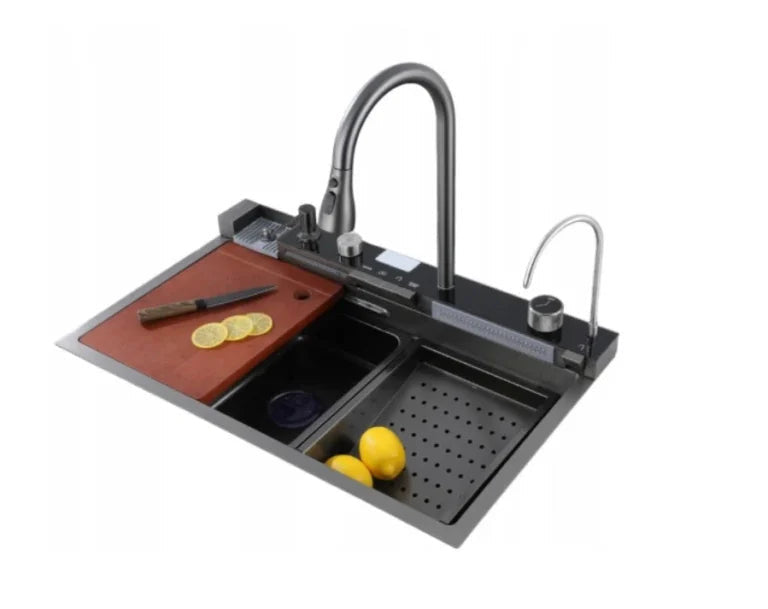 Chiuvetă Bucătărie Multifuncțională, 2 Cascade, Afișaj Temperatură, Robinet, Negru