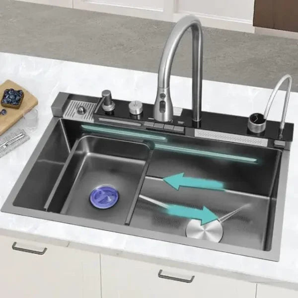 Chiuvetă Bucătărie Multifuncțională, 2 Cascade, Afișaj Temperatură, Robinet, Negru