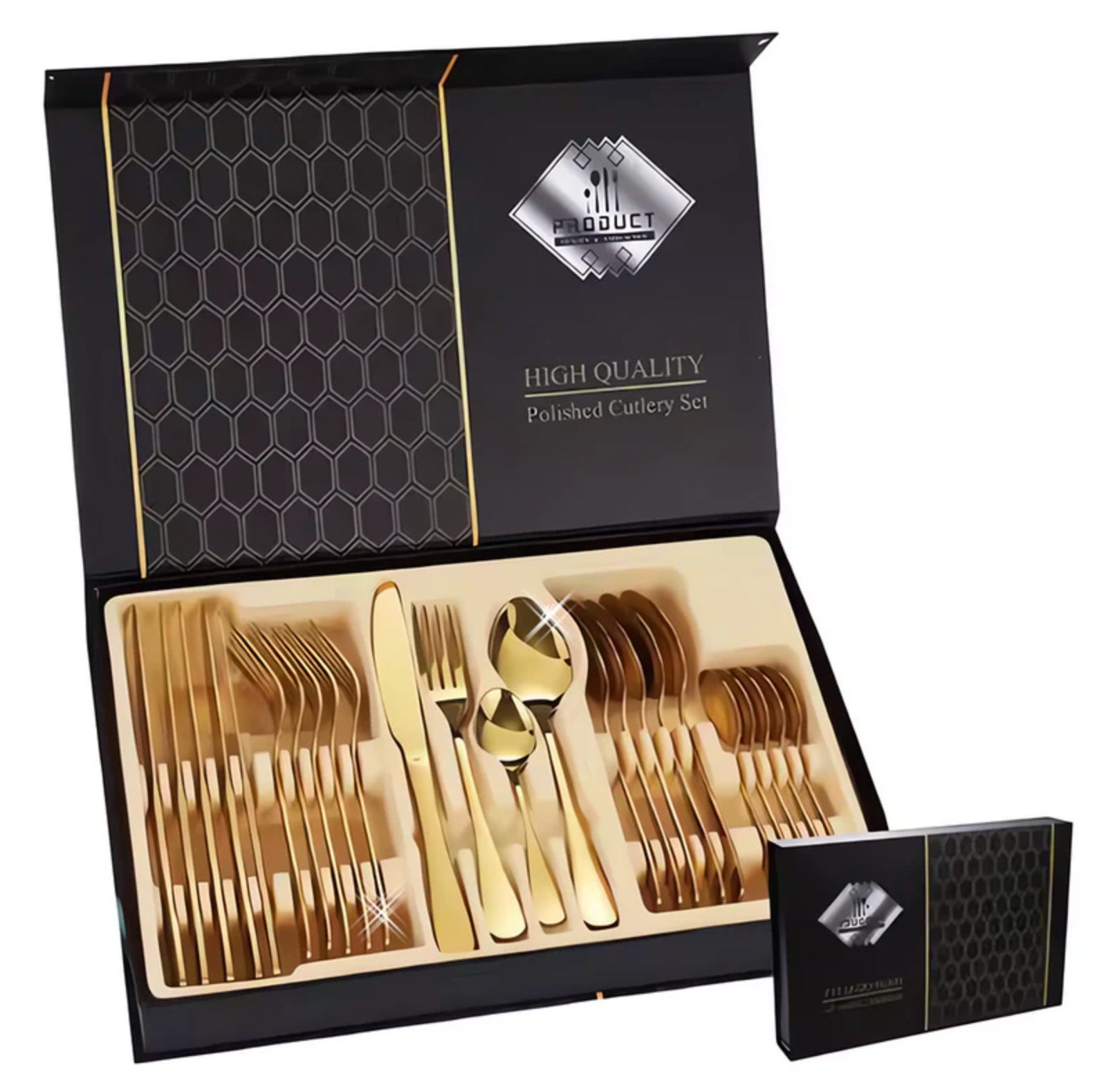 Set 24 de Tacamuri Aurii , design simplu si elegant, otel inoxidabil, materiale premium, rezistente la uzura, aspect luxos, cutie de depozitare, auriu