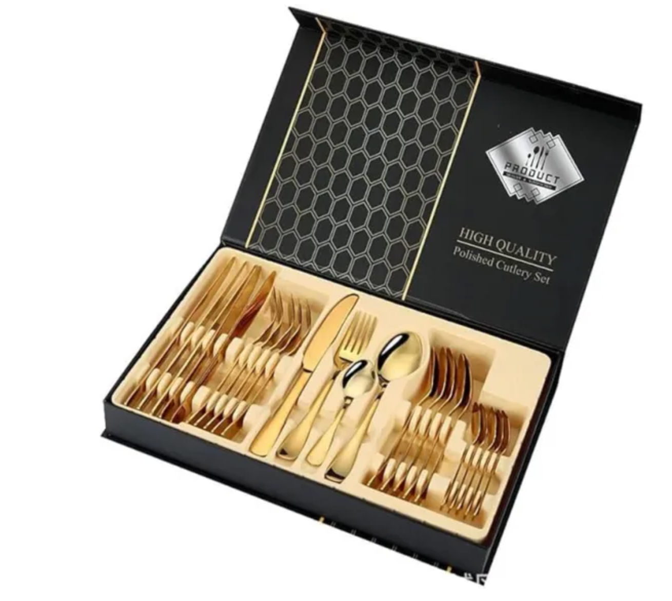 Set 24 de Tacamuri Aurii , design simplu si elegant, otel inoxidabil, materiale premium, rezistente la uzura, aspect luxos, cutie de depozitare, auriu