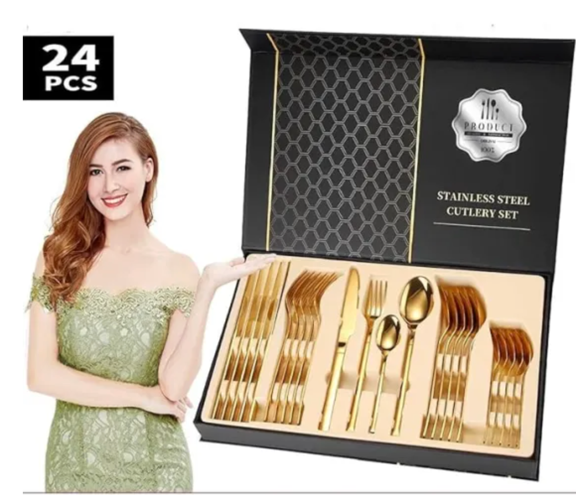 Set 24 de Tacamuri Aurii , design simplu si elegant, otel inoxidabil, materiale premium, rezistente la uzura, aspect luxos, cutie de depozitare, auriu