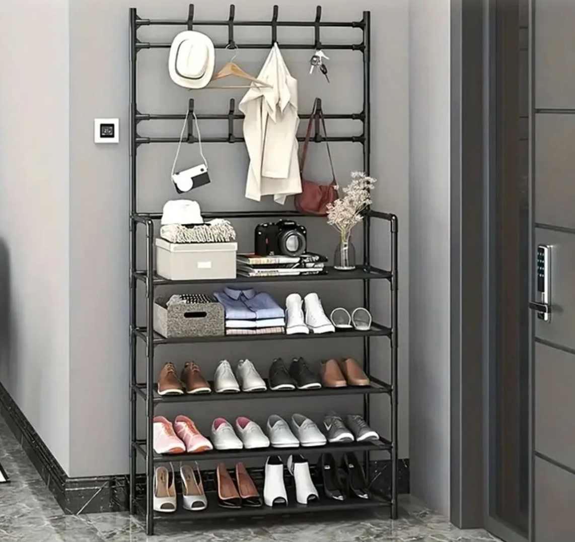 Cuier cu 5 rafturi si 8 carlige pentru haine, palarii, genti, din metal, 168x60x26cm