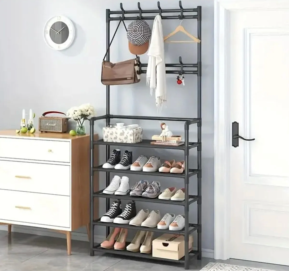 Cuier cu 5 rafturi si 8 carlige pentru haine, palarii, genti, din metal, 168x60x26cm