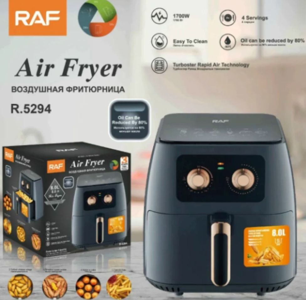 Friteuză Aer Raf-5294 cu Coș Detașabil 8lt Negru 1700w + CADOU CARTE DE RETETE