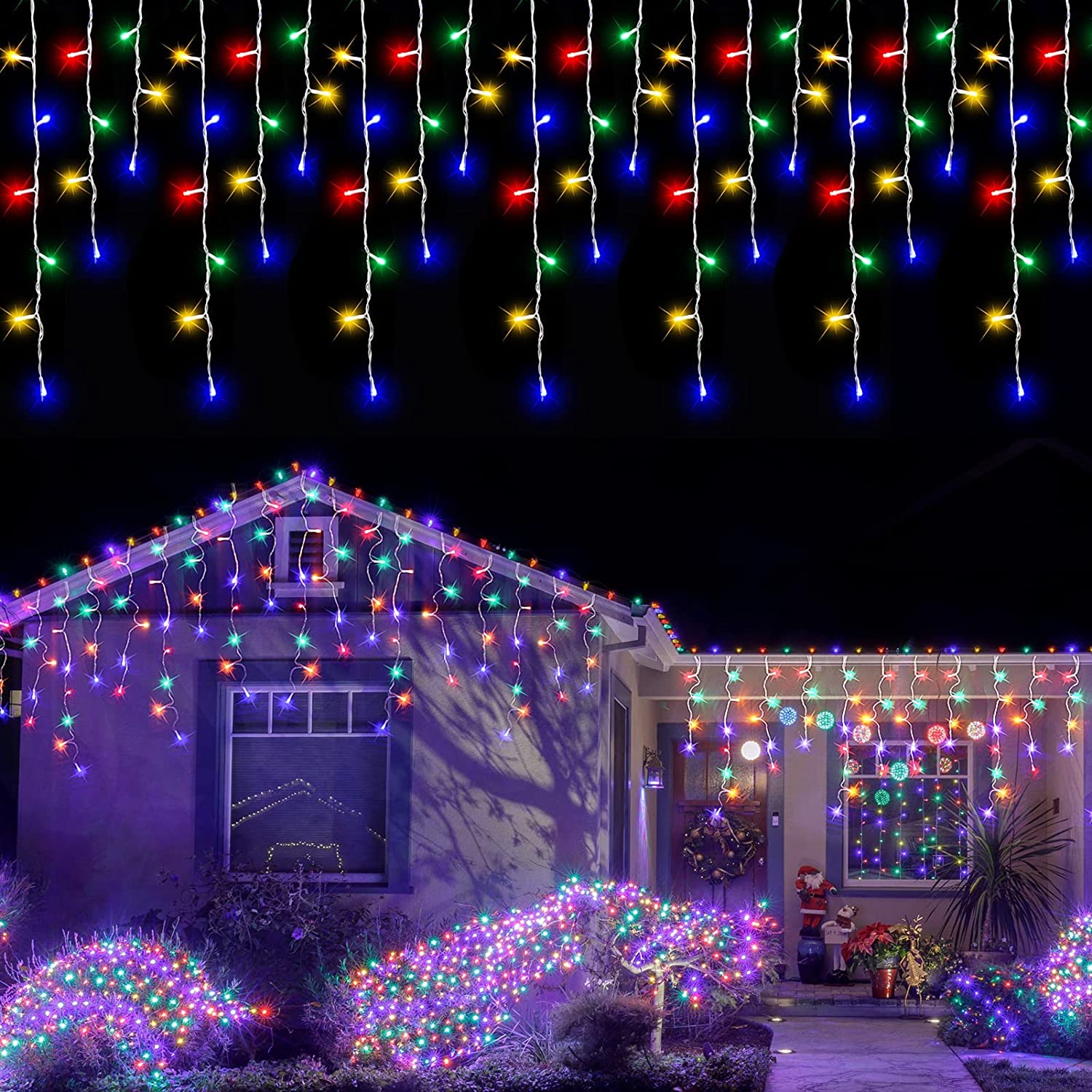 Instalație Franjuri LED 300 Lumini, 12 Metri, 8 Jocuri, Multicolor, Crăciun și Exterior