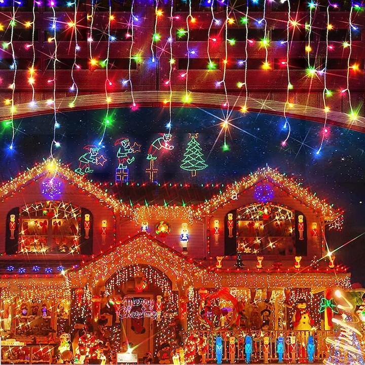 Instalație Franjuri LED 300 Lumini, 12 Metri, 8 Jocuri, Multicolor, Crăciun și Exterior