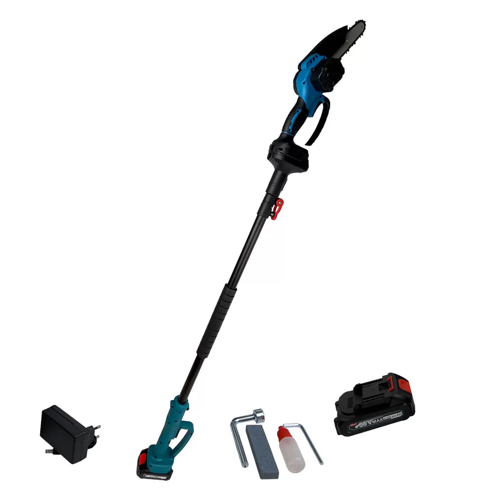 Set Profesional Foarfecă și Mini-Drujbă cu Acumulatori 48V, Braț Telescopic 2.13m, Unghi Reglabil