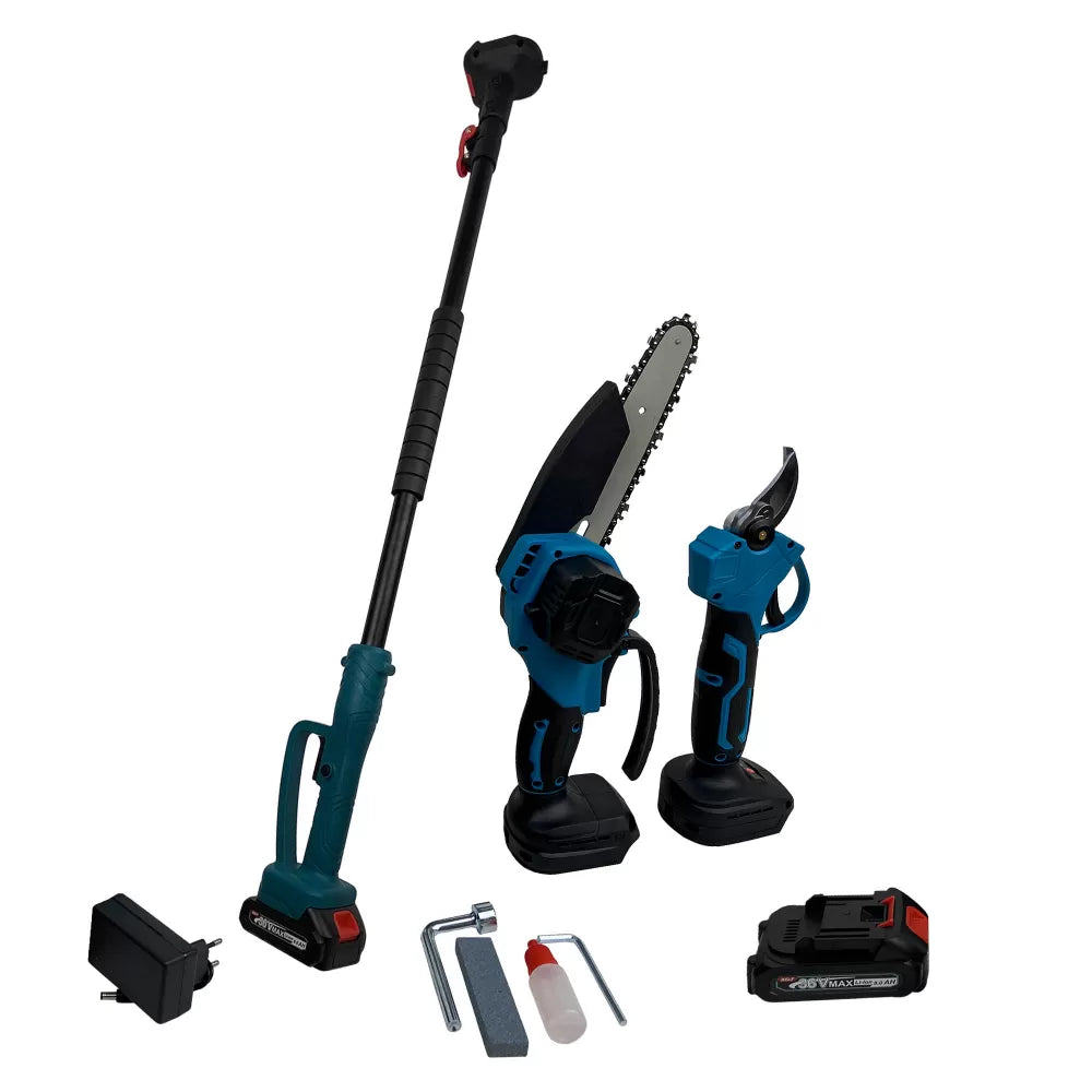 Set Profesional Foarfecă și Mini-Drujbă cu Acumulatori 48V, Braț Telescopic 2.13m, Unghi Reglabil