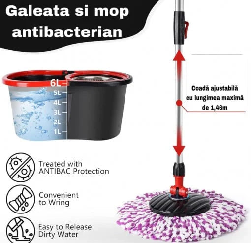 Set Mop Magic Rotativ 360° Profesional, Găleată Inox, 4 Rezerve Microfibră, Perie Inclusă