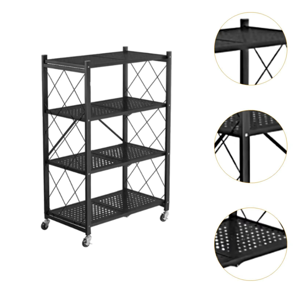 Raft Depozitare Pliabil Metalic 4 Polițe, Roți, Negru, 71.5x39x124 cm