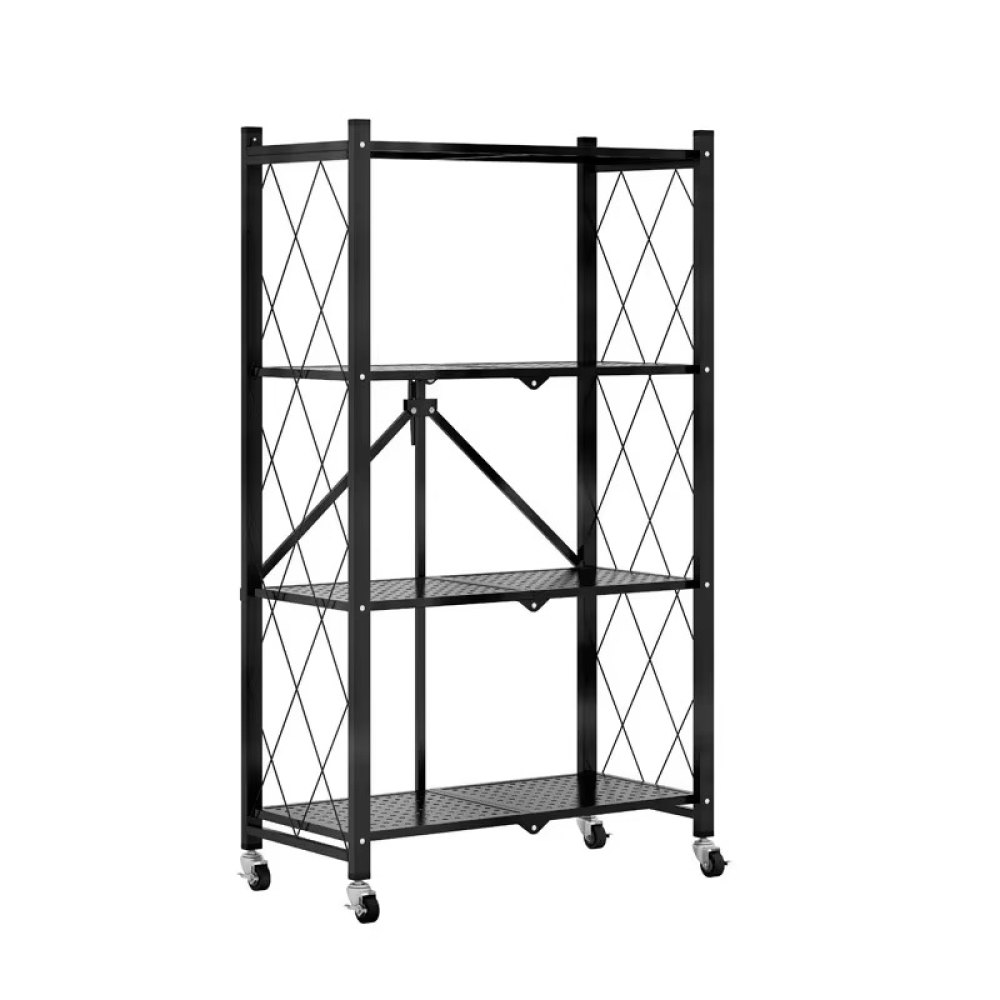 Raft Depozitare Pliabil Metalic 4 Polițe, Roți, Negru, 71.5x39x124 cm