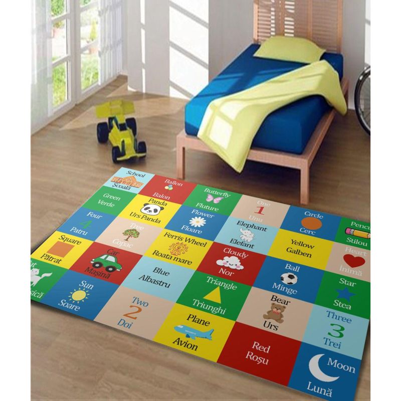 Covor Educativ Copii Model Romana/Engleza, Multicolor, Antiderapant 120 X 180 CM