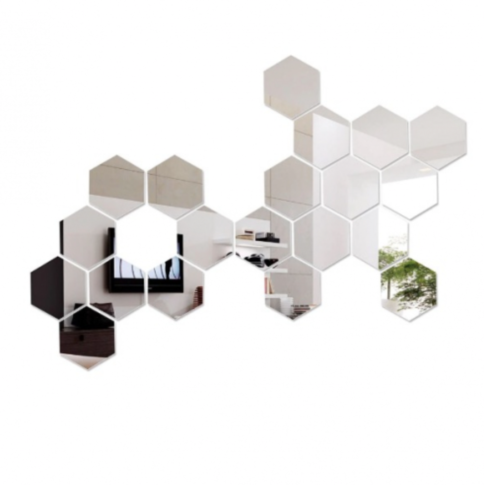 '- Oglinzi Decorative Fagure Hexagon pentru Baie si Living - 12 Bucati ARGINTIU