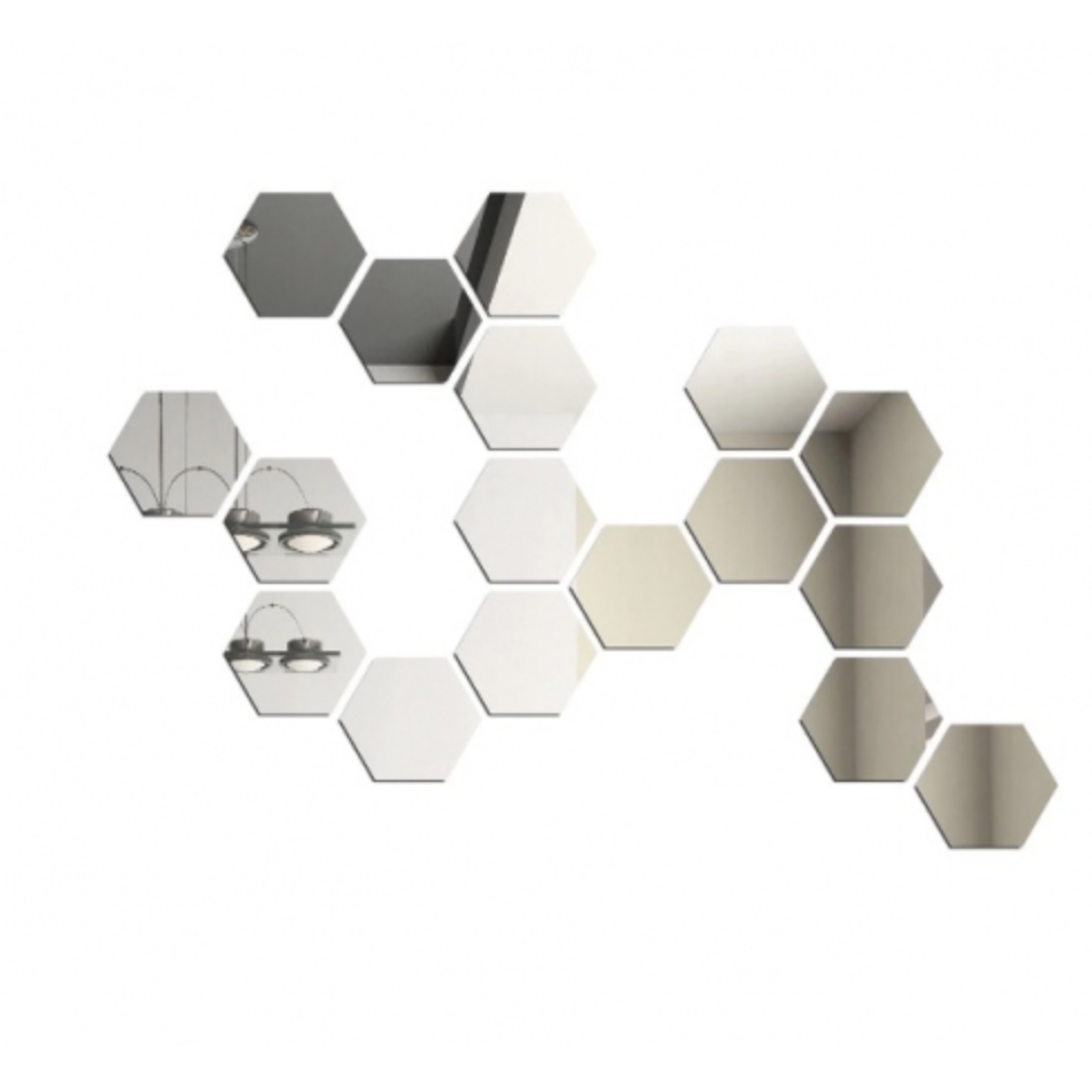 '- Oglinzi Decorative Fagure Hexagon pentru Baie si Living - 12 Bucati ARGINTIU