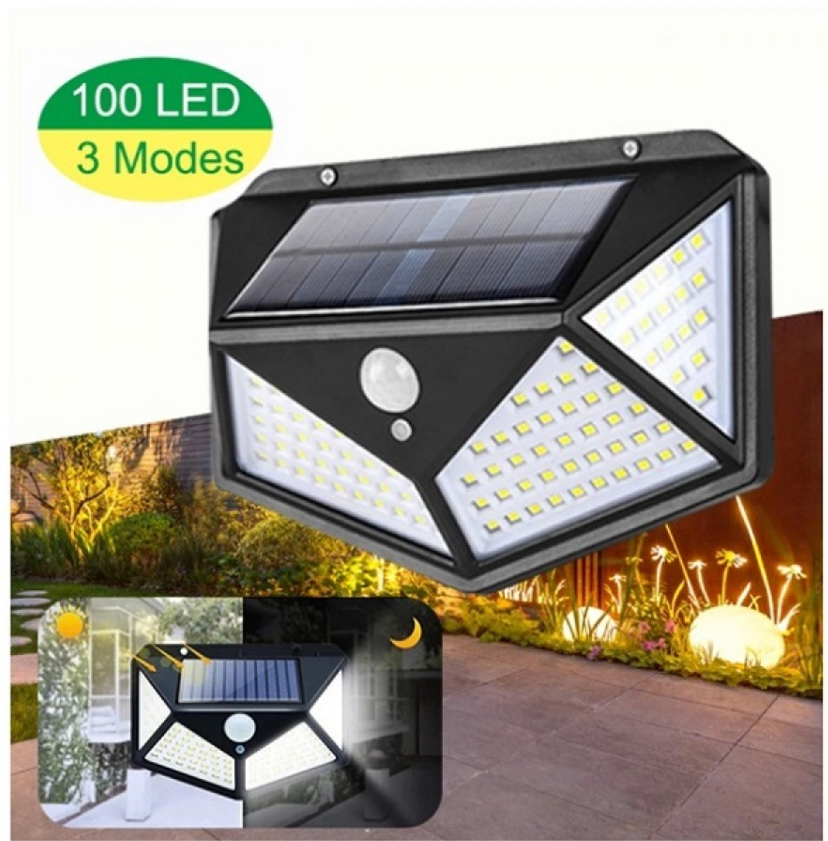 -Set 3 Lampi solare cu 100 LED 2200 mAh, senzor de miscare, rezistente la apa