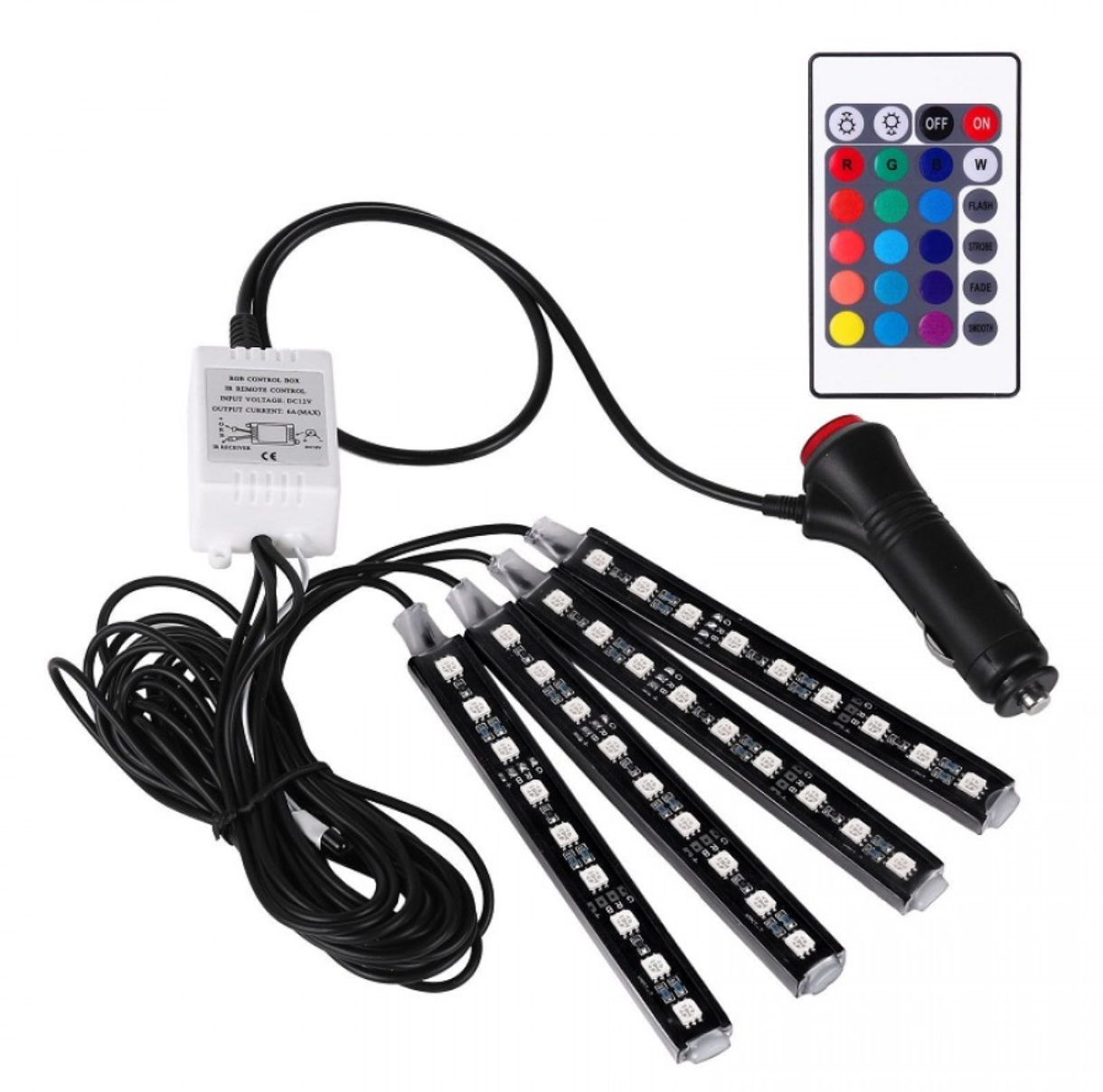 '- Set 4 benzi LED auto cu lumina ambientala RGB si telecomanda