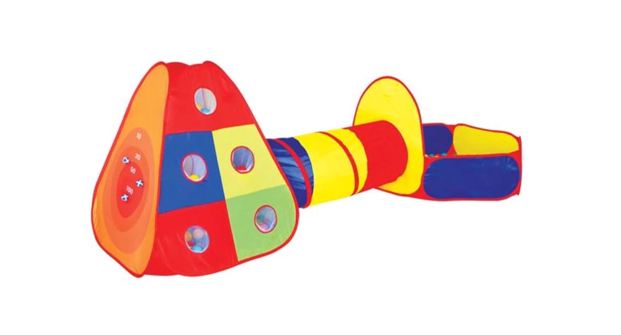 NOU: Set loc de joaca modular Felis, Material textil, Cort cu tunel si tarc cu 83 bile, 300x120x100 cm, Multicolor