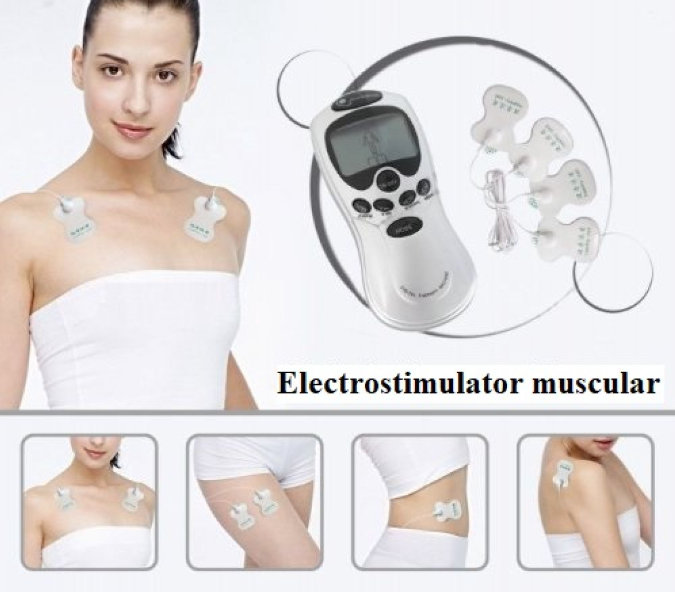 NOU: Electrostimulator muscular – aparat masaj si fizioterapie prin electrostimulare cu 4 electrozi, 8 programe, Gri
