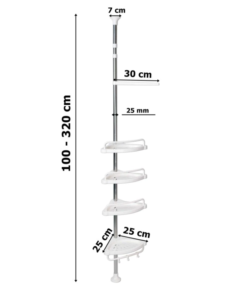 NOU: Raft pentru baie, ProCart, 4 nivele, 3 carlige, suport prosop, reglabil 100-320 cm, montare pe colt, alb