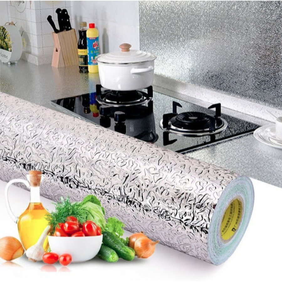 Set 3 x folie de aluminiu argintie autoadeziva bucatarie 60 x 300 cm